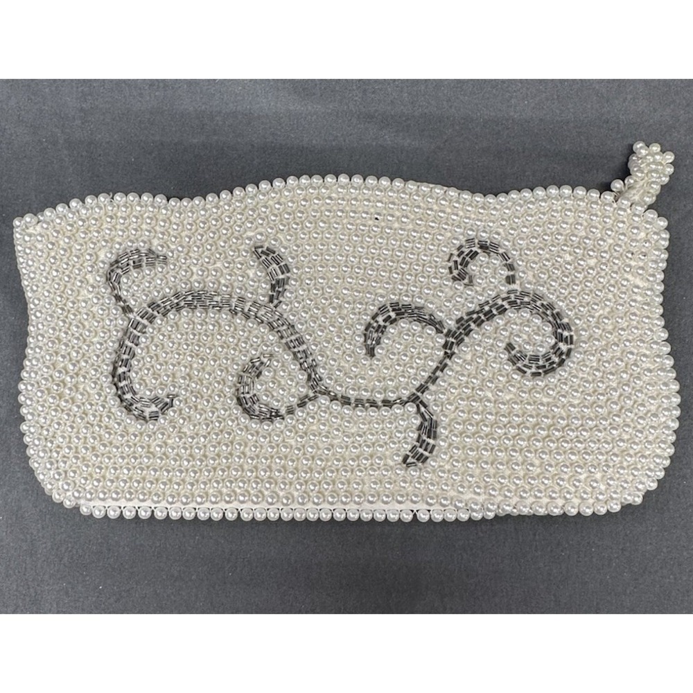 Miranda Vintage Pearl Bead Clutch Scalloped Ivory Made In Japan Bridal Purse